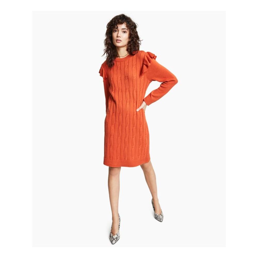 BAR III DRESSES Womens Orange Cable-knit Front Long Sleeve Sweater Dress L